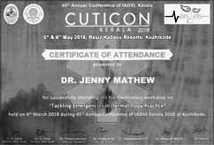 Dr Jenny Mathew Certificate Cuticon Kerala Emergency Tackling IADVL 2018