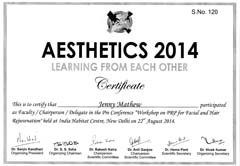 Dr Jenny Mathew Certificate PRP Hair Skin Facial Rejuvenation Aesthetics 2014